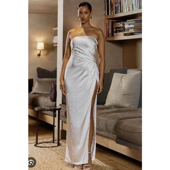 Meshki Aminah Draped Strapless Satin Maxi Dress Ivory Size L NWT Formal - Picture 11 of 11